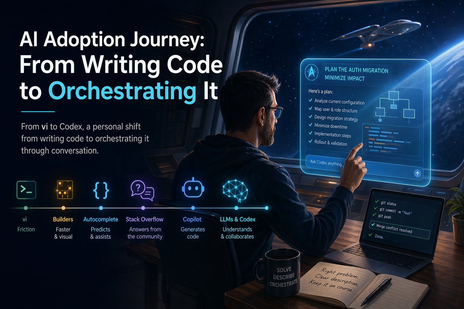 An editorial hero image representing the shift from writing code to orchestrating AI-assisted workflows