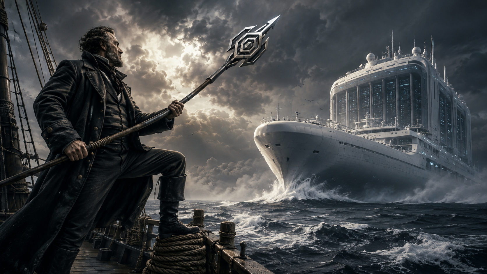 Captain Ahab on a ship facing a stormy sea, holding a spear toward a futuristic data center ship