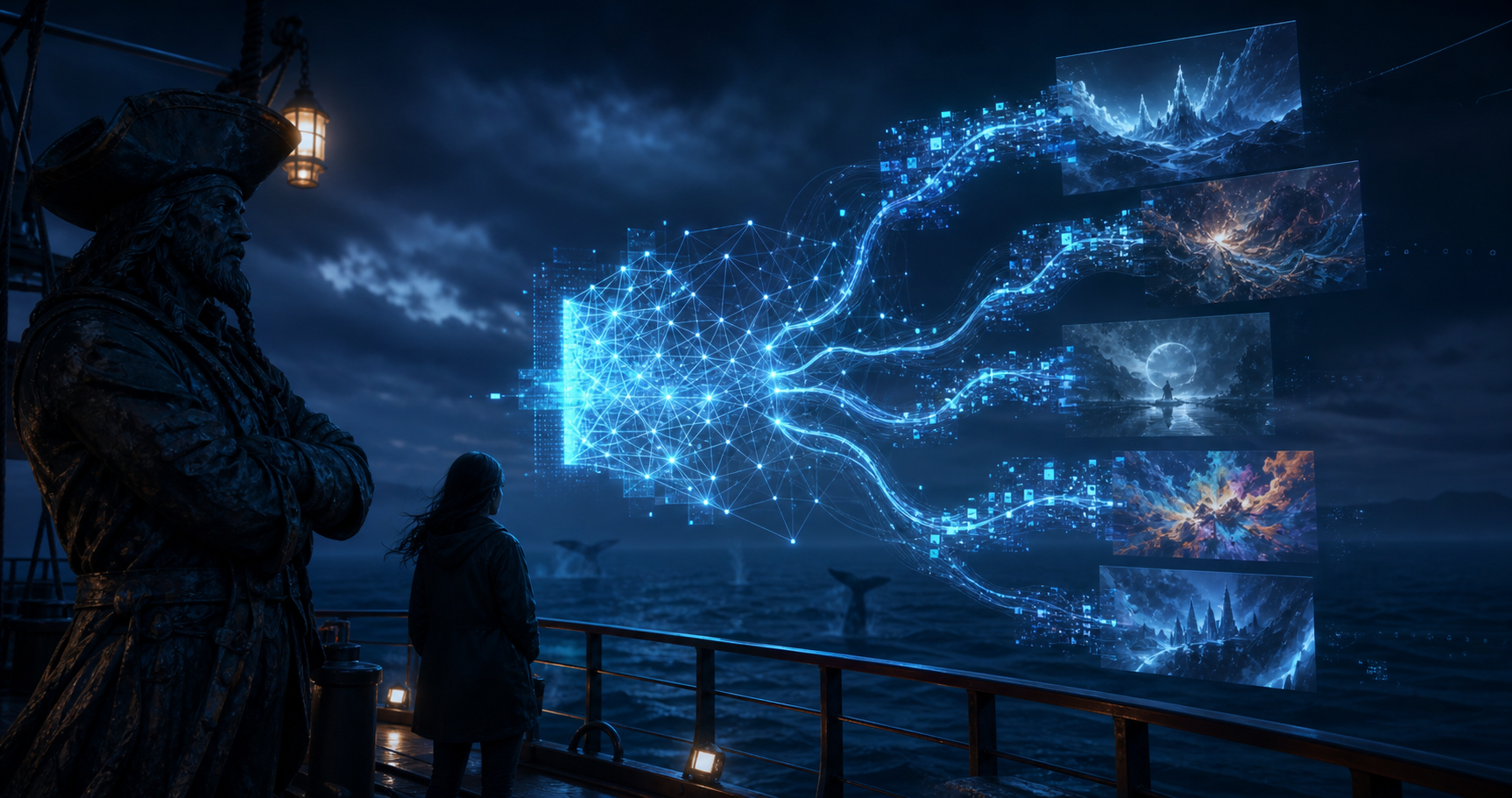 An AI-powered image-generation concept inspired by a pirate-themed whale watching trip