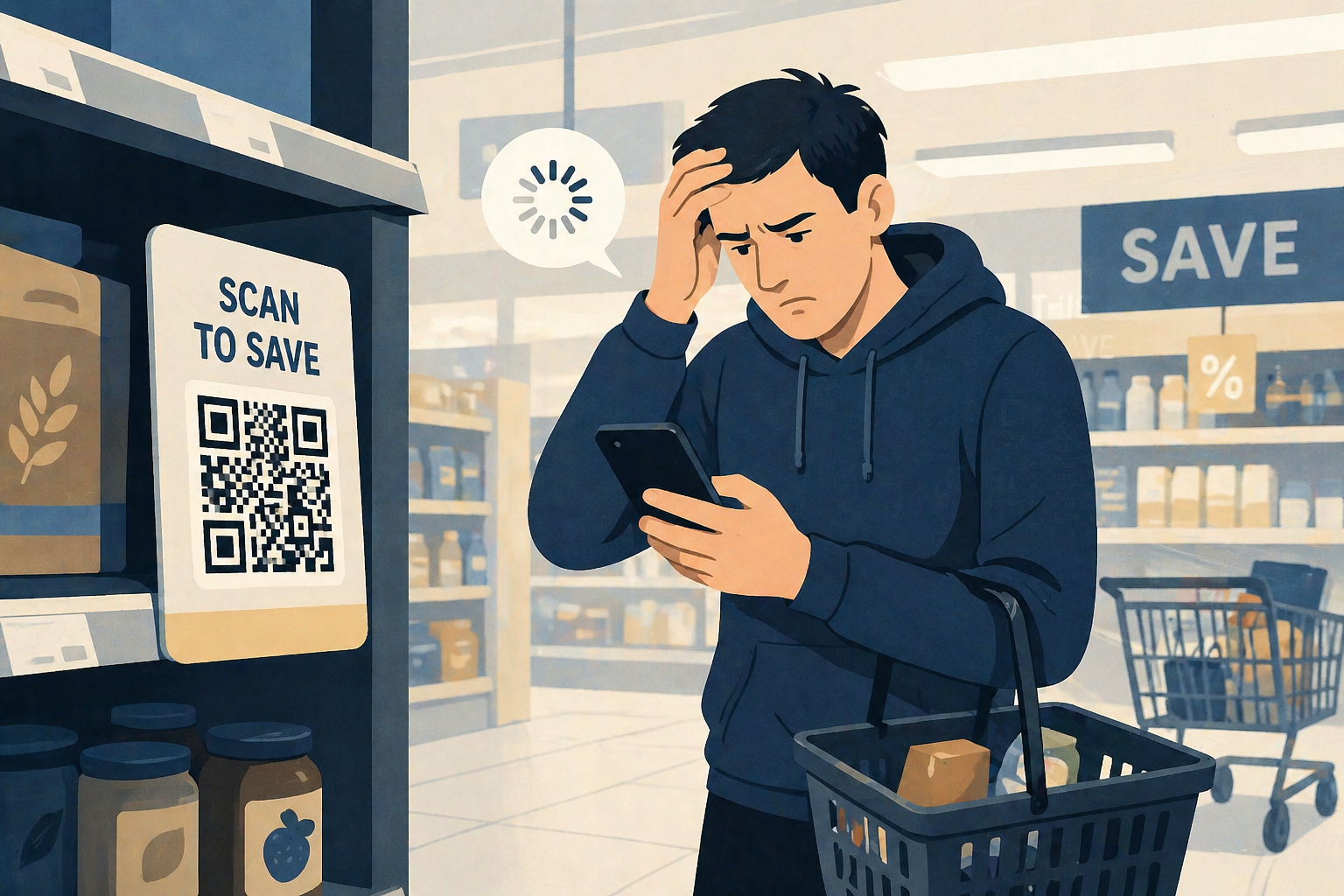 A grocery aisle scene with coupon tags and a phone prompt, representing the build-vs-buy automation decision