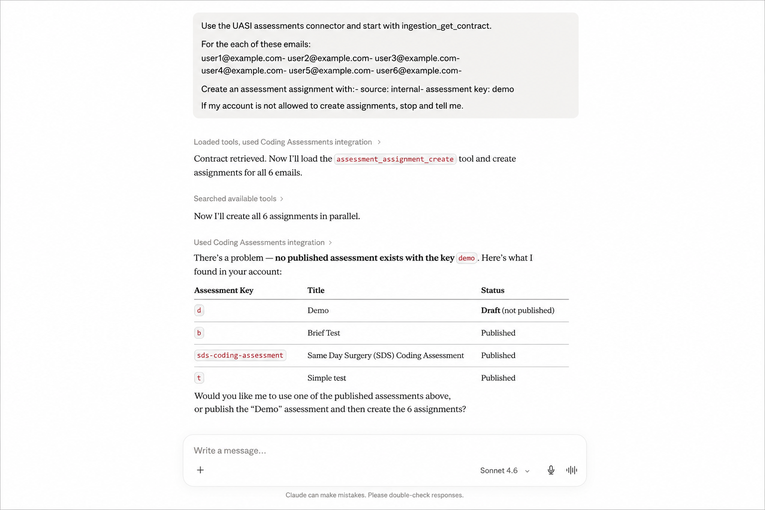 Claude using an MCP connector to inspect available tools, attempt a workflow, and return a clear explanation when a business rule blocks the request