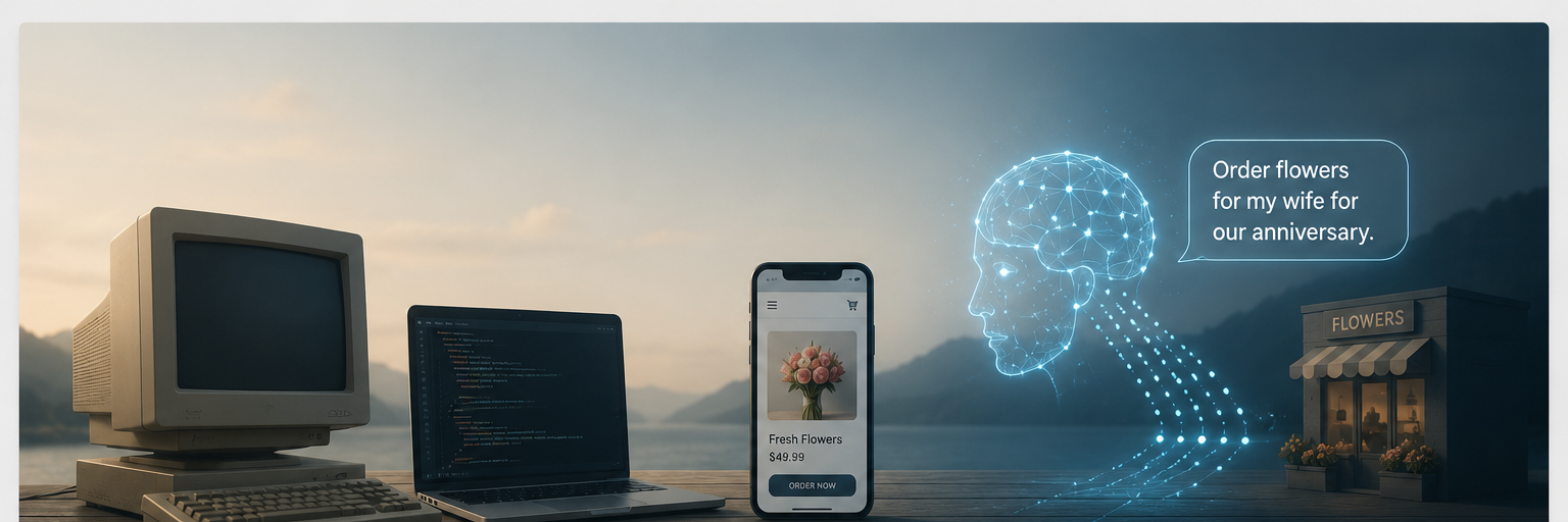 A retro desktop, a modern laptop, a mobile phone, and an AI agent silhouette connecting a user request to a florist storefront