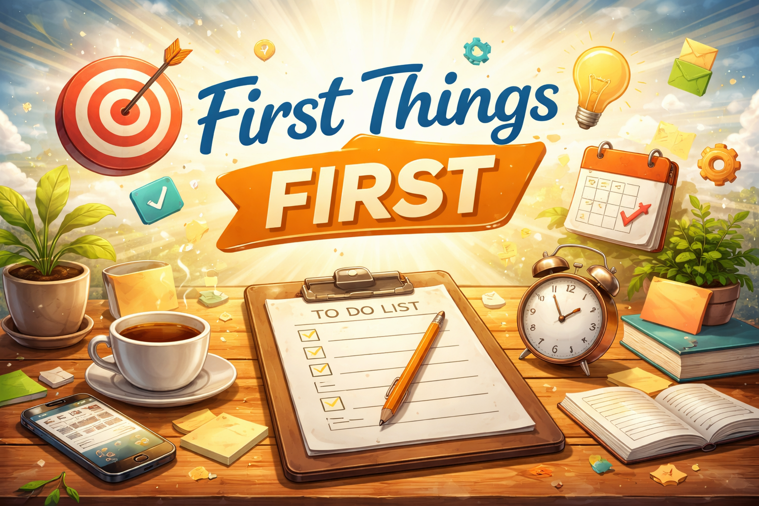 An editorial illustration of a desk with a four-quadrant planning board lit by morning light