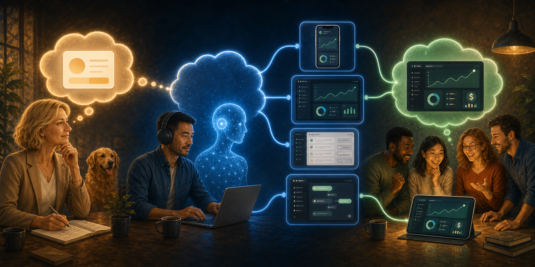 A female business leader imagines a widget while a male developer with headphones and coffee works with AI to branch into several interfaces before converging into a shared solution users recognize