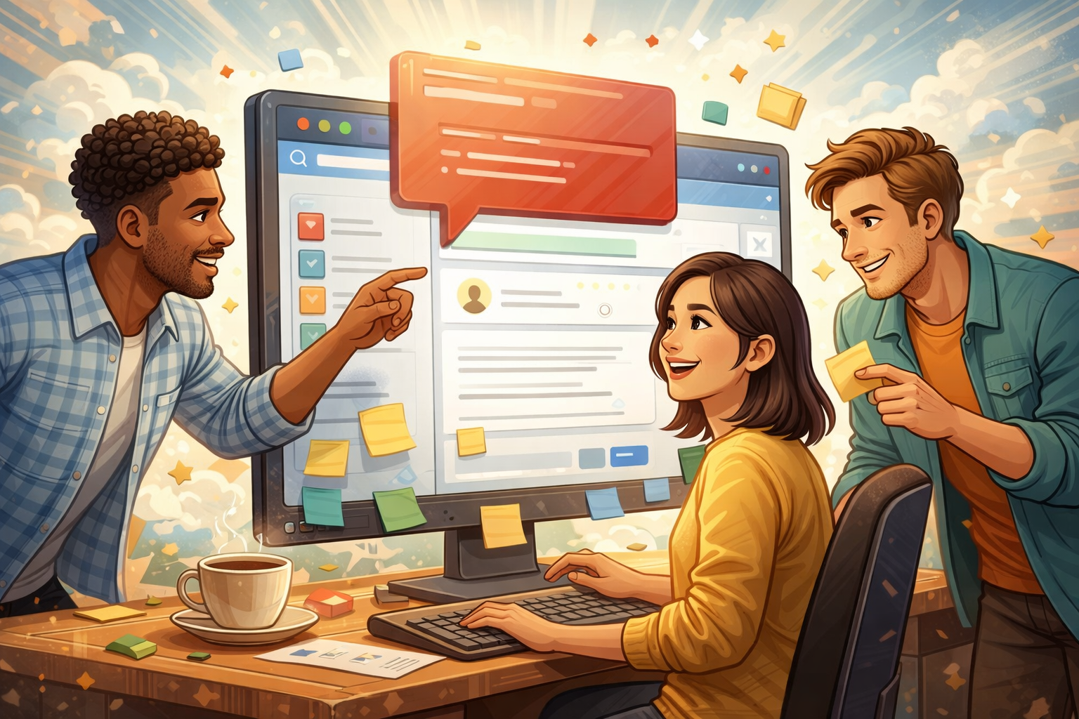 A frontier-inspired editorial illustration of builders experimenting with glowing AI tools in an open landscape