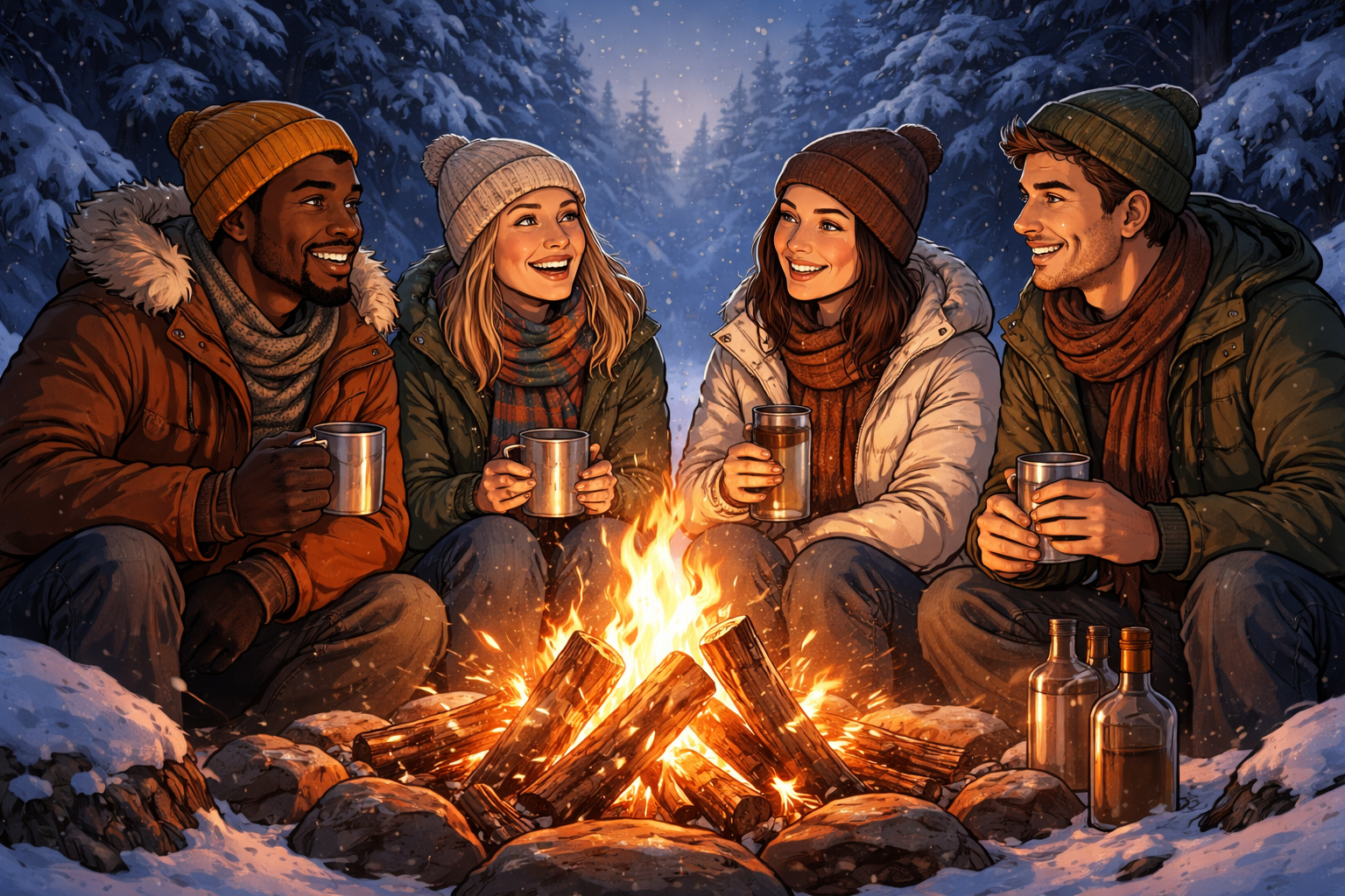 A warm moody still life of whiskey glasses and bottles on a wooden table with amber lighting