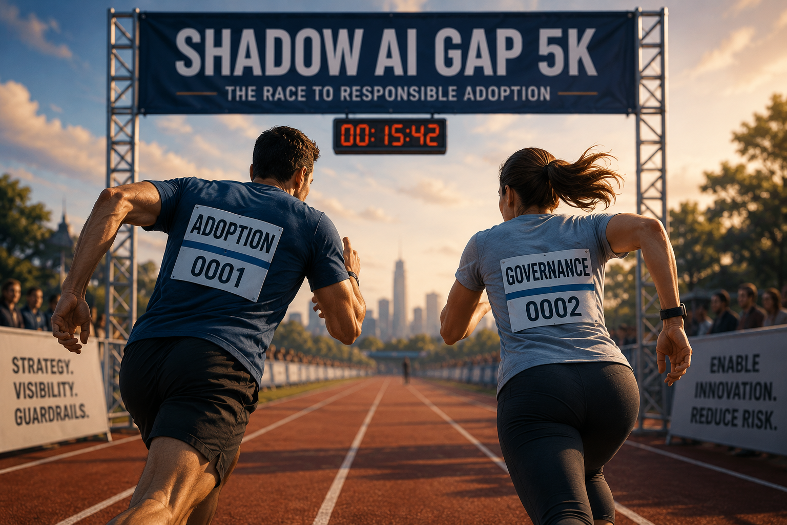An editorial hero image representing shadow AI adoption outrunning governance